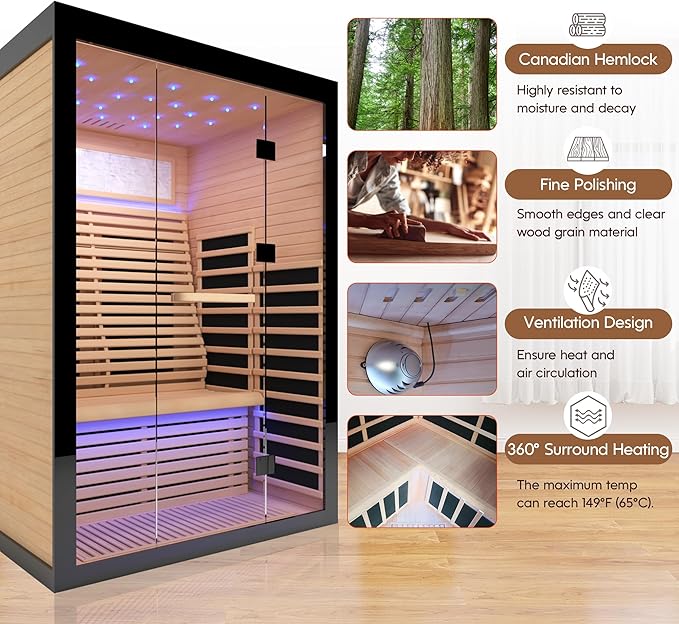 Sauna Infrared Far Infrared Sauna for Home 2 person Sauna with Hemlock Wood 2160W Dry Sauna for Home 2 Person Infrared Sauna Low EMF Indoor Sauna for Two Person in Home Sauna with Bluetooth Speakers