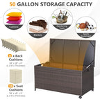 RELAX4LIFE Patio Rattan Storage Box - 50 Gallon All-Weather Wicker Storage Box w/Top Lid, Protective Liner and Wheels, Outdoor Deck Box Waterproof for Cushions, Toys, Garden Tools