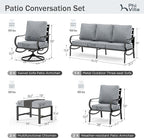PHI VILLA 7 PCS Patio Furniture Set,Metal Outdoor Furniture with 1x 3 Seater Cushioned Deep Seating Bench Sofa, 2 Swivel Chair, 2 x Leg Chairs & 2 Ottoman for 7 Person, Grey