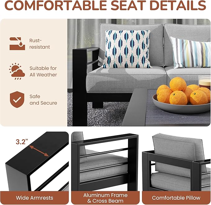 Solaste Aluminum Patio Furniture Set with Fire Pit Table, 5 Piece Metal Outdoor Furniture with Water-Resistant Cushions, Modern Patio Conversation Set for Balcony, Front Porch, and Backyard, Black