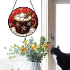 Stained Glass Window Hanging 4 Pcs Set Red Christmas Themed Decorations 7.8" - Suncatcher Door Garden Sun Catcher Decor Birthday New Year for Mom Woman Nana Men