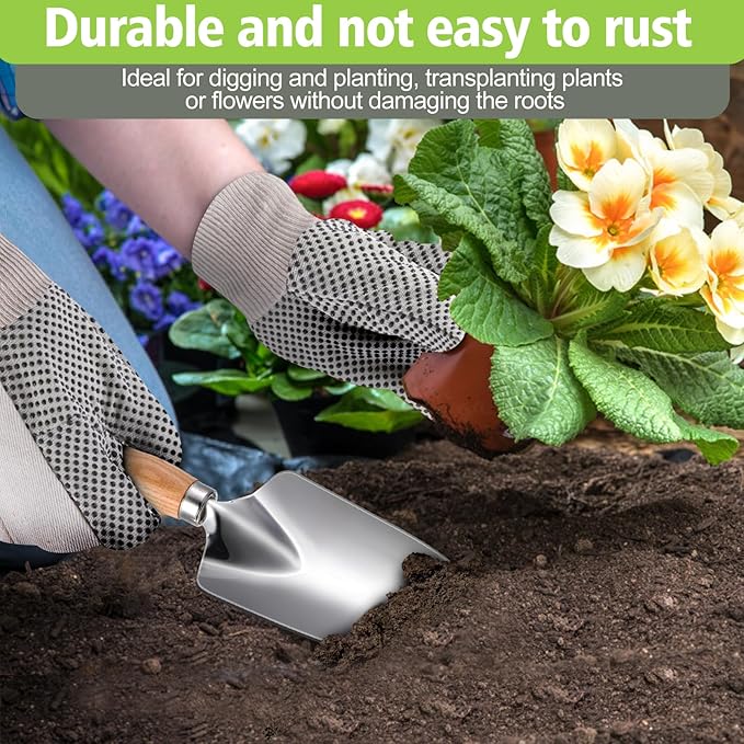 Garden Tools 5-Pieces, Heavy Duty Gardening Hand Tools with Wooden Handle, Canvas Gloves, Stainless Steel Material, Rust-Proof Garden Tool Set, Ideal Gardening Gifts for Women