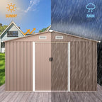 10×8FT Outdoor Storage Shed with Window,Large Metal Tool Shed with Lockable Door and Rainproof Sloped Roof, Garden Shed for Backyard, Patio, Brown