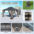 Gotland 12' x 14' Khaki Hardtop Gazebo with Curtains and Netting, Double Roof Iron Metal Pergola for Patio, Garden, Lawn