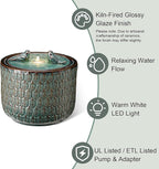 Glitzhome 14.75”H Outdoor Ceramic Water Fountain with LED Light and Pump, Embossed Leaf Pattern Floor Standing Bird Bath Fountain with Two Birds Decor for Patio Porch Deck Backyard, Turquoise