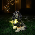 Charming Cavalier King Charles Spaniel Welcome Dog Statue with Solar Lantern, Hand-Painted Sitting Resin Puppy Figurine with Reversible Signs for Garden, Patio, and Porch Décor