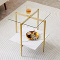 Square Glass End Table, Mid-Century Modern Design Sofa Table, for Living Room, L18 x W18 x H23, Clear Glass Top and White Marble MDF Shelf, Sleek Conical Metal Legs with Gold Finish