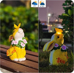 Solar Resin Rabbit Garden Outdoor Statue – Yellow Bunny Figurines with LED Floral Wreath & Butterfly, Decor for Patio Lawn Porch Yard Ornaments for Mom Grandma Wife
