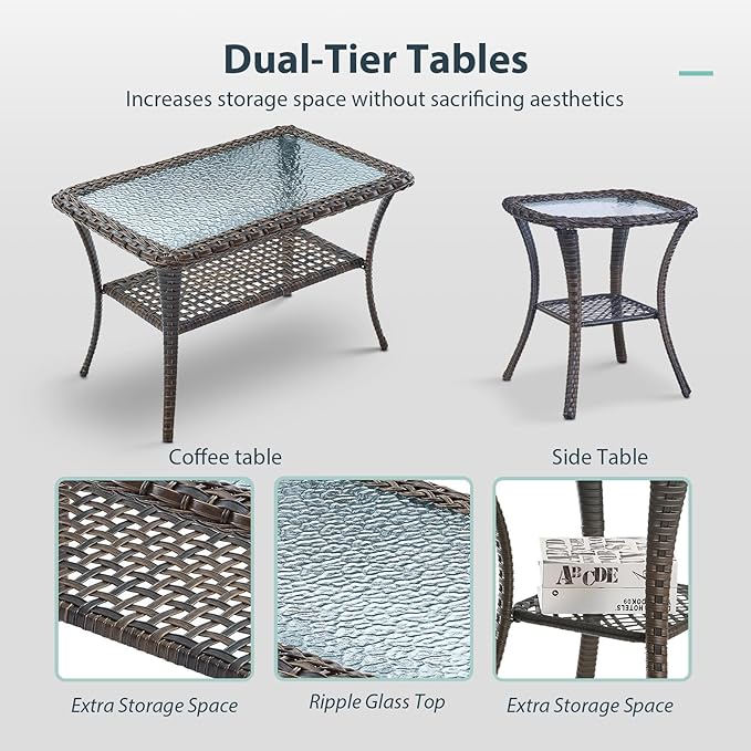 5 Piece Patio Furniture Set - Wicker Patio Conversation Set with Swivel Glider, Glider Loveseat, Tempered Glass Side Table and Coffee Table for Deck Backyard - Brown Wicker Grey Cushion