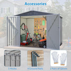 8x6 ft Outdoor Waterproof Metal Storage Shed with Foundation Floor Frame, Lockable Hinged Doors & Air Vents, All Weather Garden Tool Shed for Backyard Lawn, Galvanized Steel - Grey