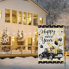 Heyfibro Happy New Year Truck Garden Flag 12x18 Inch Double Sided Black Gold Champagne Balloon Garden Flag Decorative Firework Yard Flags for Outside House Farmhouse Holiday Outdoor Decoration
