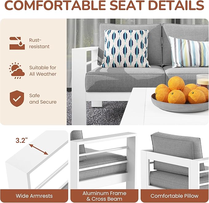 Solaste Aluminum Patio Furniture Set, 5 Seats Modern Outdoor Conversation Set Couch Sofa with Upgrade Cushion and Coffee Table, White