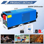 ZLPOWER 6000W 24V DC Pure Sine Wave Inverter, 18000W Peak, 120V/240V AC Split Phase Output with Battery Charger, LCD Display, Off-Grid Low Frequency Inverter for Home RV Camping (6000W)