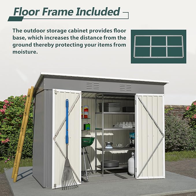 4'x8' Metal Shed Outdoor Storage Shed,Metal Steel Utility Tool Shed Storage House with Double Lockable Doors and Air Vent for Backyard Garden Patio Lawn Gray