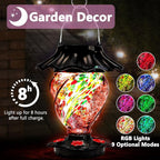 LUJII Solar Powered Color Changing Hummingbird Feeder for Outdoors Hanging, Hand Blown Glass, 35 fl.oz, Never Leak, Illuminated Lantern for Garden Decor, for Bird Lovers, Purple