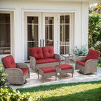 6 Piece Patio Furniture Set - Wicker Patio Conversation Set with Swivel Glider, Glider Loveseat, Tempered Glass Side Table and 2 Ottomans for Deck Backyard - Grey Wicker Red Cushion