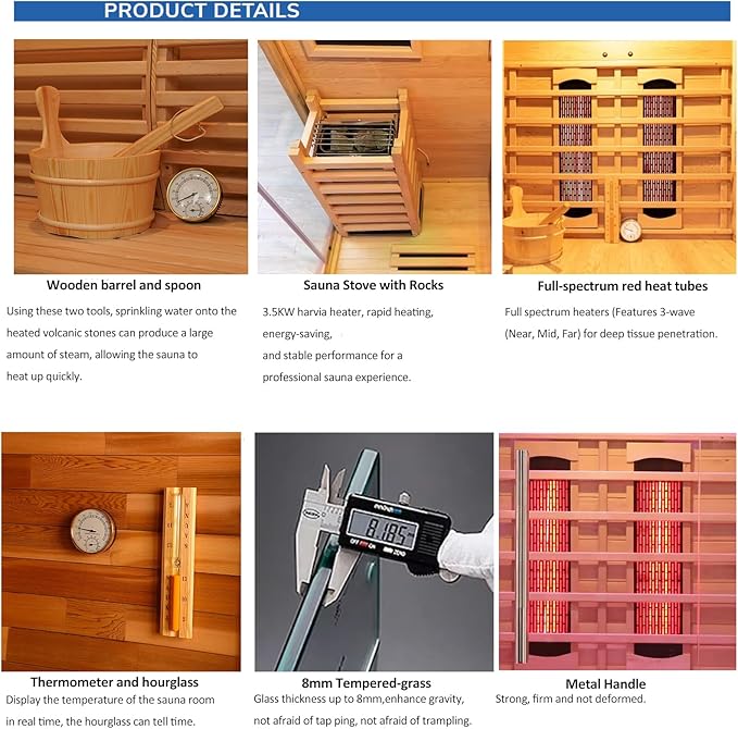 Luxury Dual-System Wood Sauna Room for 4-6 Person, Hybrid Indoor Sauna Spa,Canadian Hemlock, 6KW Heater, 195°F Steam+149°F Far Infrared, 12 Heating Elements, 220V, Oxygen Ionizer, 8mm Tempered-Grass