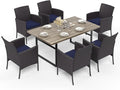 HERA'S HOUSE 7-Piece Patio Dining Set, 6 x Outdoor Rattan Armchair with Removable Cushions, 1 x 64 Inches Rectangular Patio Table with 1.57"-1.9" Umbrella Hole for Patio, Lawn, Garden, Porch