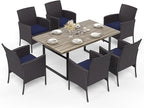 HERA'S HOUSE 7-Piece Patio Dining Set, 6 x Outdoor Rattan Armchair with Removable Cushions, 1 x 64 Inches Rectangular Patio Table with 1.57"-1.9" Umbrella Hole for Patio, Lawn, Garden, Porch