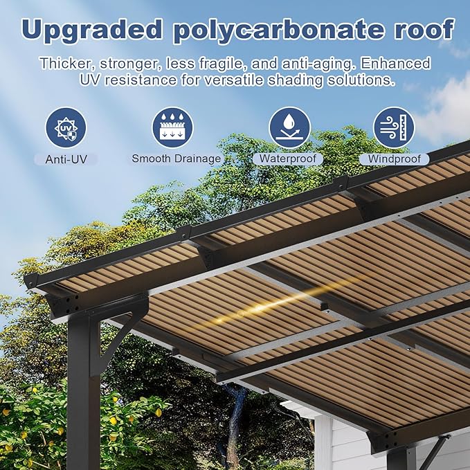 MEISSALIVVE 12' x 16' Wall Mounted Gazebo, Outdoor BBQ Grill Gazebo with Side Shelf, Lean to Metal Awnings with Sloped Roof, Heavy Duty Pergola for Backyard, Deck, Black