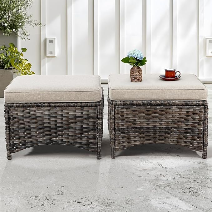 5 Piece Patio Furniture Wicker Conversation Set, 2 Swivel Chairs, 2 Ottomans with 1 Side Table, for Outdoors, Backyard, Deck, Beige