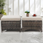 4 Piece Patio Furniture Set, 2 Chairs and 2 Ottomans PE Wicker Footstool, Outdoors Rattan Conversation Set with Deep Seating and Olefin Cushions, for Backyard, Garden, Beige