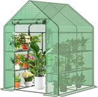 Greenhouse, 56 x 56 x 76'' Heavy Duty Greenhouses for Outdoors, Green House with Roll-Up Door Thicken PE Cover, Portable Walk-in Green Houses for Outside with 3 Tier 8 Shelves