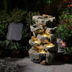 Solar Powered Water Fountain, 5 Tier Cascading Stone Design Feature Outdoor Fountains Waterfalls with Light, Pump Solar Panel for Patio, Deck, Porch, Backyard Home Decor,19.3" H