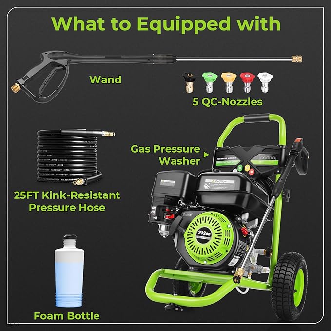 Professional 4200PSI 4GPM 212CC Gas Pressure Washer, 7.0 HP Commercial Gas Power Washer with 1L Foam Bottle 9" Wheels 5 Nozzles 25FT Hose for Home Car Fence Driveway (EPA/CARB/ETL Compliant), Green