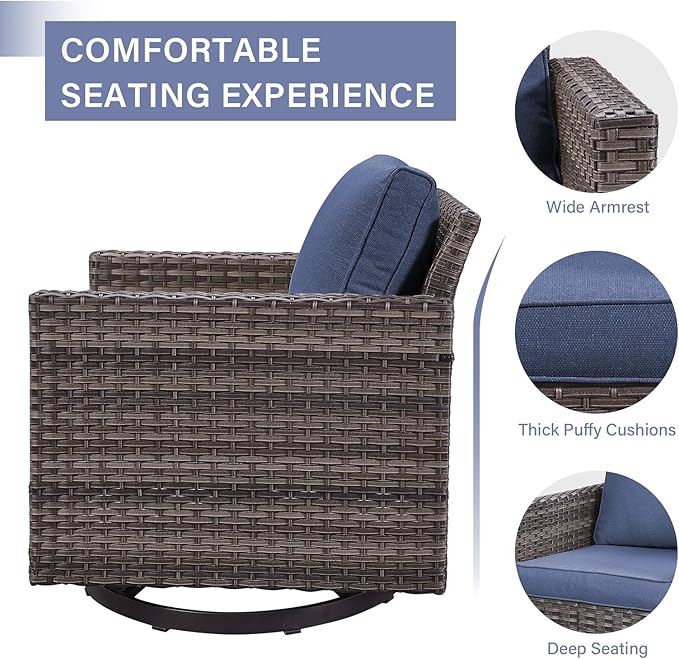 Rilyson Wicker Outdoor Patio Furniture Set - 5 Piece Patio Conversation Set with 2 Swivel Rocker Chairs,2 Rattan Ottoman and 1 Couch for Outside Porch Deck Backyard Garden(Mixed Grey/Blue)