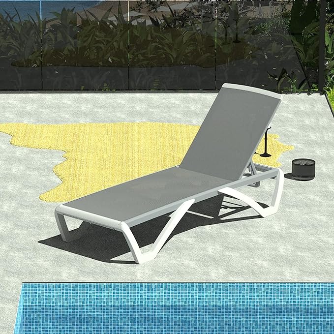 Domi Outdoor Lounge Chair, Aluminum Patio Chaise Lounge with 5 Position Adjustable Backrest and Wheels, All Weather Reclining Chair for Patio, Yard, Balcony, Poolside (Grey)