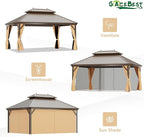 12'x16' Hardtop Gazebo, Outdoor Aluminum Patio Gazebo Double Roof Galvanized Steel Canopy with Netting and Curtains,for Garden, Patio, Backyard, Deck and Lawns.