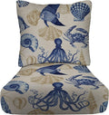 RSH DECOR Deep Seating Cushion with Pillow Back | 23” x 25” Seat | Water and Fade-Resistant Spun Fabric | Outdoor Chair Cushion Set for Patio Furniture | Blue Tan Crab