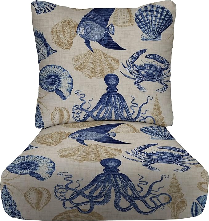 RSH DECOR Deep Seating Cushion with Pillow Back | 23.5” x 25” Seat | Water and Fade-Resistant Spun Fabric | Outdoor Chair Cushion Set for Patio Furniture | Blue Tan Crab