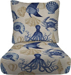 RSH DECOR Deep Seating Cushion with Pillow Back | 25” x 25.5” Seat | Water and Fade-Resistant Spun Fabric | Outdoor Chair Cushion Set for Patio Furniture | Blue Tan Crab