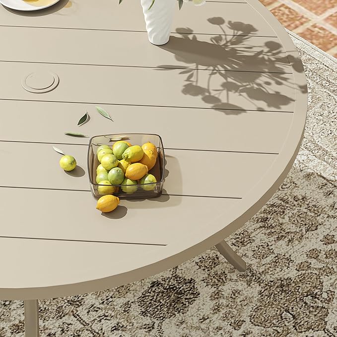VICLLAX 60" Outdoor Round Patio Dining Table for 8-10, All Weather Metal Dining Table with Umbrella Hole for Deck Lawn Garden Backyard, Sandshell