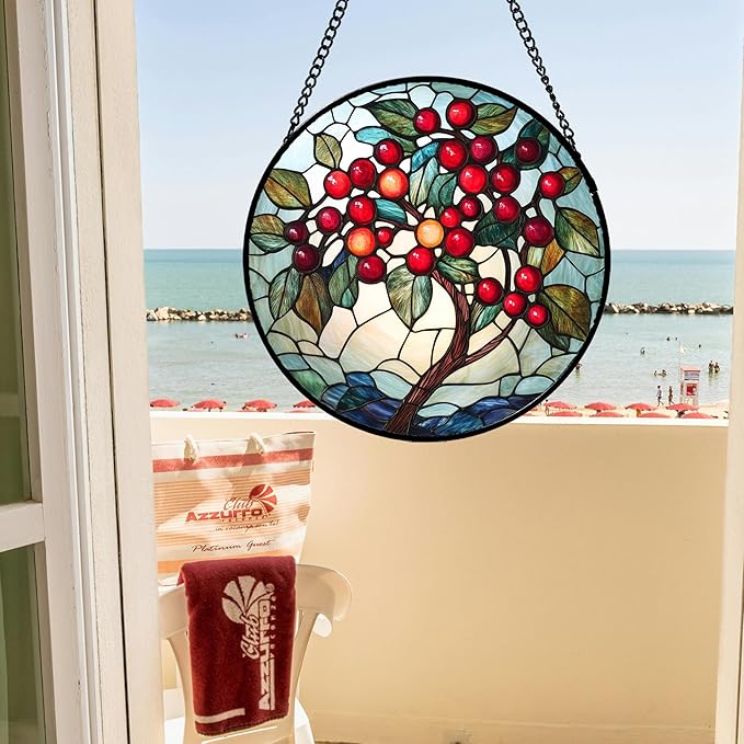 CRIS GIF Stained Glass Window Hanging - Red Fruit Tree Landscape Suncatcher for Doors Garden Patio Sun Catchers Decor Christmas Mother's Day Birthday Gifts for Women Men Mom Nana Friend 6.3 in