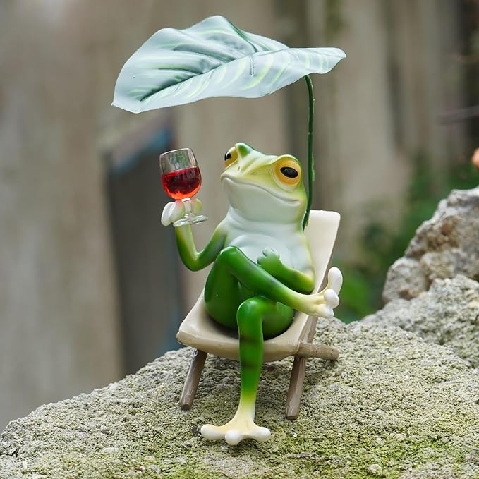 OwMell Frog Statue for Garden, Green Frog Figurine for Outdoor Decor Yard and Garden Decoration Resin Sculpture - Chill with Wine