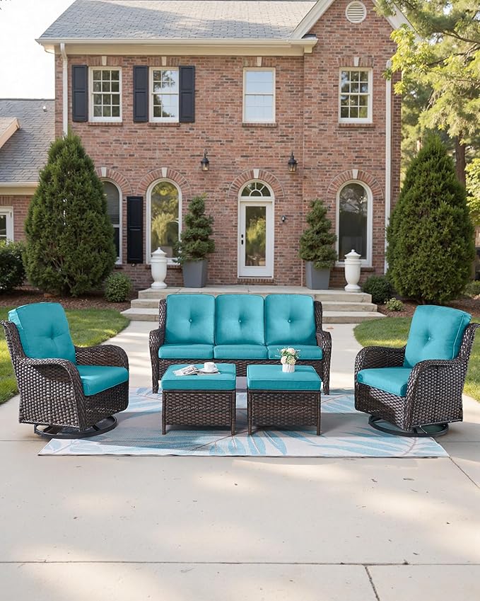 Pop 22x25/22x24 Outdoor Cushions for Patio Couch Chairs Set of 3 - High Back Outside Seat Cushions for Wicker Rattan Dining Rocker Glider Loveseat 3-Seater Sectional Sofa - Turquoise/Button