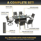 Outdoor Patio Furniture Set With Propane Fire Pit 50,000 Btu 7 Pieces 76" Dining Table Rattan Swivel Chairs Include Cushions Lid And Weather Cover Csa Certified for Garden Backyard Conversations Grey