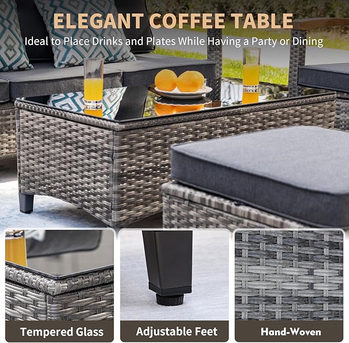 MEISSALIVVE 7 Pieces Patio Furniture Sets,PE Wicker Outdoor Conversation Sets with 2 Wood Armrests Swivel Rocker Chairs, 2 Ottoman, 3-seat Sofa and Coffee Table(Grey)