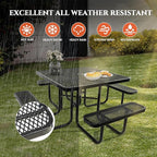 47'' Heavy-Duty Metal Picnic Tables with Umbrella Hole, Outdoor Steel Heavy Duty Commercial Grade Black Table, Outdoor Bench Set for Lawn, Patio, Park, Yard, Garden, Porch (Set A, Square)