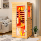 Far Infrared Sauna - 1 Person Infrared Sauna Red Light Therapy for Home, 850W 110V Canadian Hemlock Wood Saunas with Control Panel/Tempered Glass Door/Speakers, Mini Sauna Dry Room (Wood)