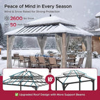 SUNJOY Kingston 14' x 12' Hardtop Gazebo with Galvanized Steel Double Roof, Curtain and Netting, Woodgrain Finish Aluminum Posts Permanent Pavilion Gazebo for Garden, Patio, Deck, Lawn