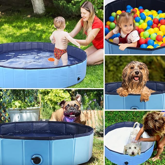 Foldable Dog Pool, Portable Pet Bath Tub and Kiddie Swimming Pool, Collapsible Bathtub for Puppies, Small, Medium and Large Dogs, Cats and Kids, 87 x 12 in, Blue