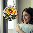 Stained Glass Window Hanging - Elegant Yellow Rose Flower Sun Catcher for Door Garden Home Decor Suncatcher Christmas Mother's Day Birthday Gifts for Women Mom Girl Nana Friend 11.8 in
