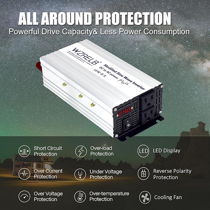 WZRELB 1200W Power Inverter 24V DC to 110V 120V AC,2400W Peak Modified Sine Wave Car Inverter with LED Display,Dual AC Outlets,Soft Starter,Off-Grid Power Converter with High Efficiency up to 90%