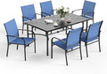 7 Pcs Patio Dining Set for 6, Rectangular Metal Dining Table with Umbrella Hole and 6 Chairs, Outdoor Table and Chairs Set for Lawn Garden Backyard and Deck, Blue