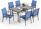 7 Pcs Patio Dining Set for 6, Rectangular Metal Dining Table with Umbrella Hole and 6 Chairs, Outdoor Table and Chairs Set for Lawn Garden Backyard and Deck, Blue