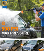 Cordless Pressure Washer Battery Operated, 500 PSI Cordless Power Washer with 6-in-1 Nozzle & Foam Cannon, Handheld Pressure Washer with Triple Water Source & 16FT Hose for Car, Home, Yard